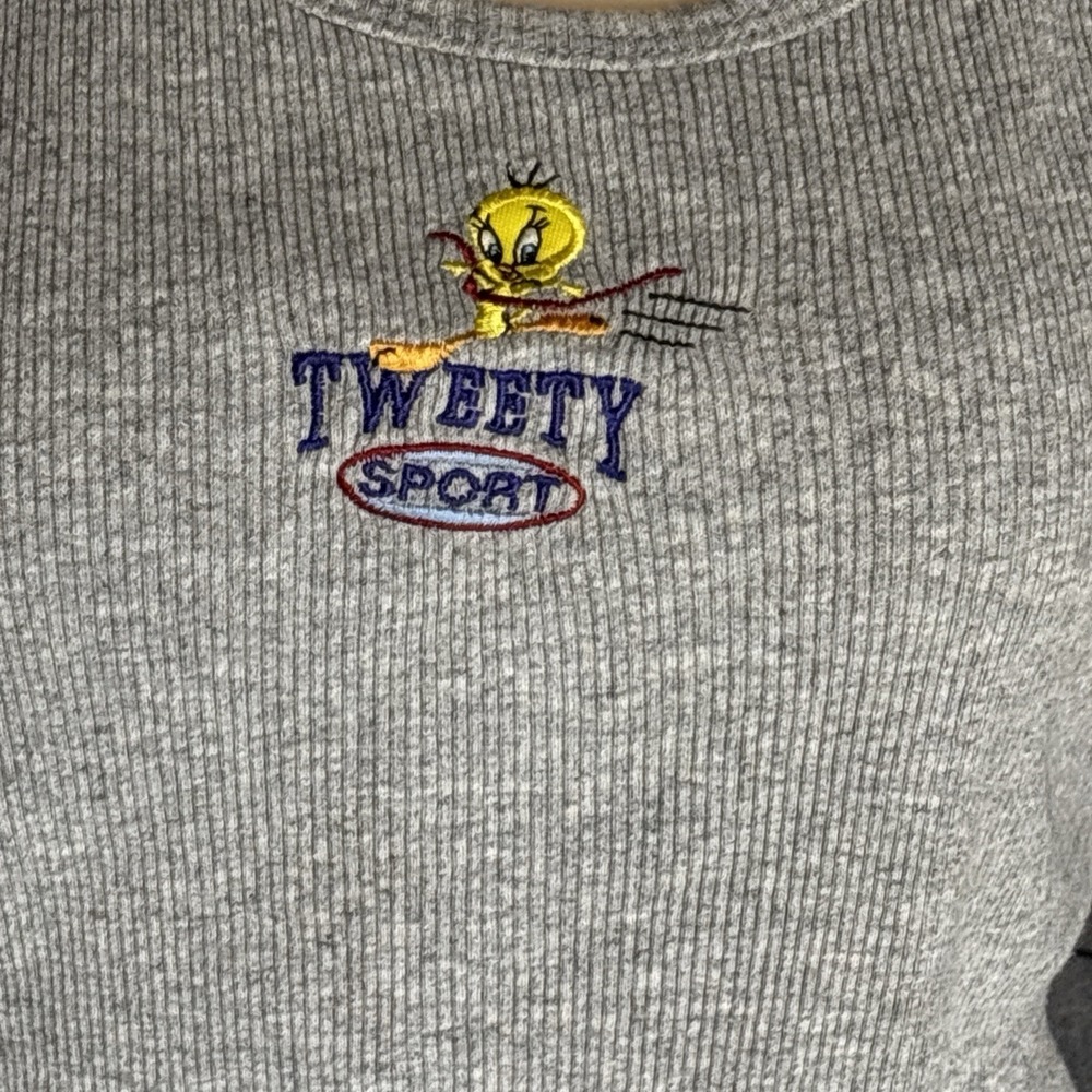 VTG Embroidered Looney Tunes Women Grey Ribbed Tank Top Size XL Tweety Sport Y2K